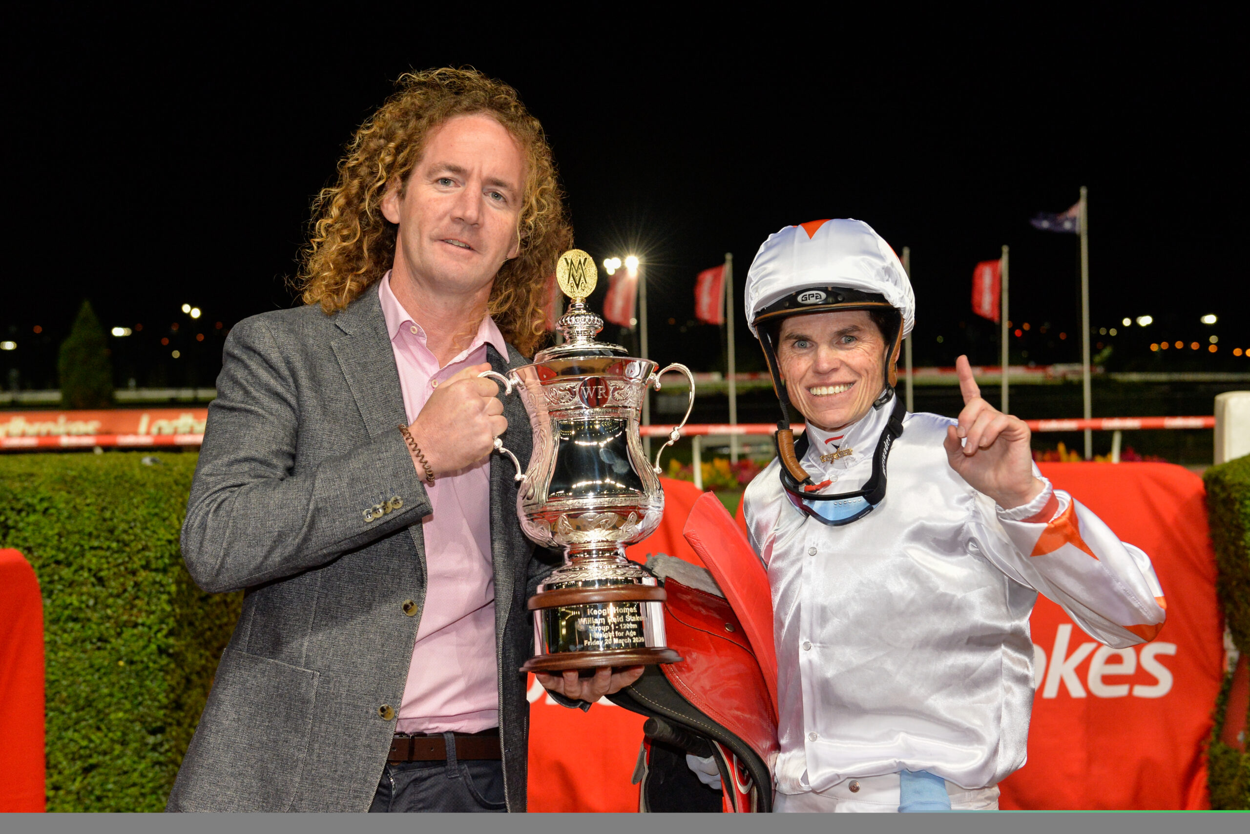 Presentation to Ciaron Maher , co-trainer of Loving Gaby and jockey Craig Williams after winning the Keogh Homes William Reid Stakes ,at Moonee Valley Racecourse on March 20, 2020 in Moonee Ponds, Australia. (George Salpigtidis/Racing Photos)