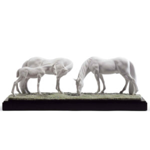 A matte Mare white Stallion, Mare & Foal Porcelain piece. Custom Horse Trophies