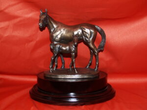 Cold cast bronze mare & foal figurine. Horse Racing Trophies