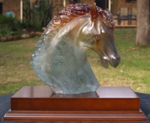 24cm Grey/Amber Daum Crystal Horse Head mounted on a wooden base. Limited Edition to 1,000 worldwide