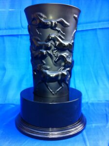 18cm Lalique Crystal mustang vase with running horses feature and mounted on a wooden base