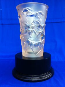18cm Lalique Black Crystal Mustand vase with running horses feature & mounted on a wooden base