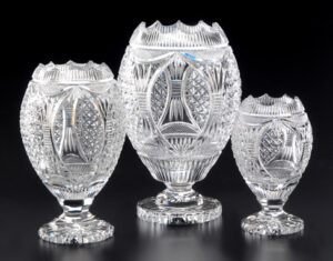 Footed Crystal Vases made in Ireland. Perfect for presentations with a clear panel for decoration. Avail in 33cm 27cm 22cm
