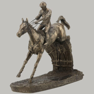 Cold cast bronze Horse & jockey hurdle figurine. Horse Racing Trophy