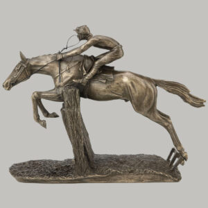 Cold cast bronze Horse & jockey hurdle figurine. Horse Racing Trophies