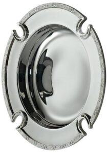 Silver plated plate with horse shoe feature around the rim.