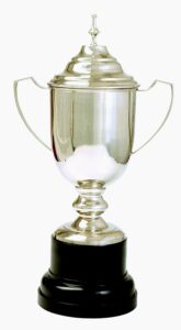 ASRUSICSP49 Silver Nickel Plated cup with lid mounted on a wooden base comes in 3 sizes 70cm, 55cm & 49cm
